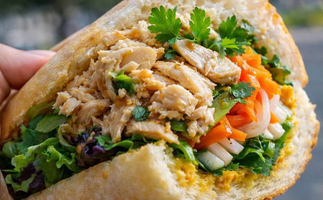 Crispy chicken banh mi close-up with fresh coriander